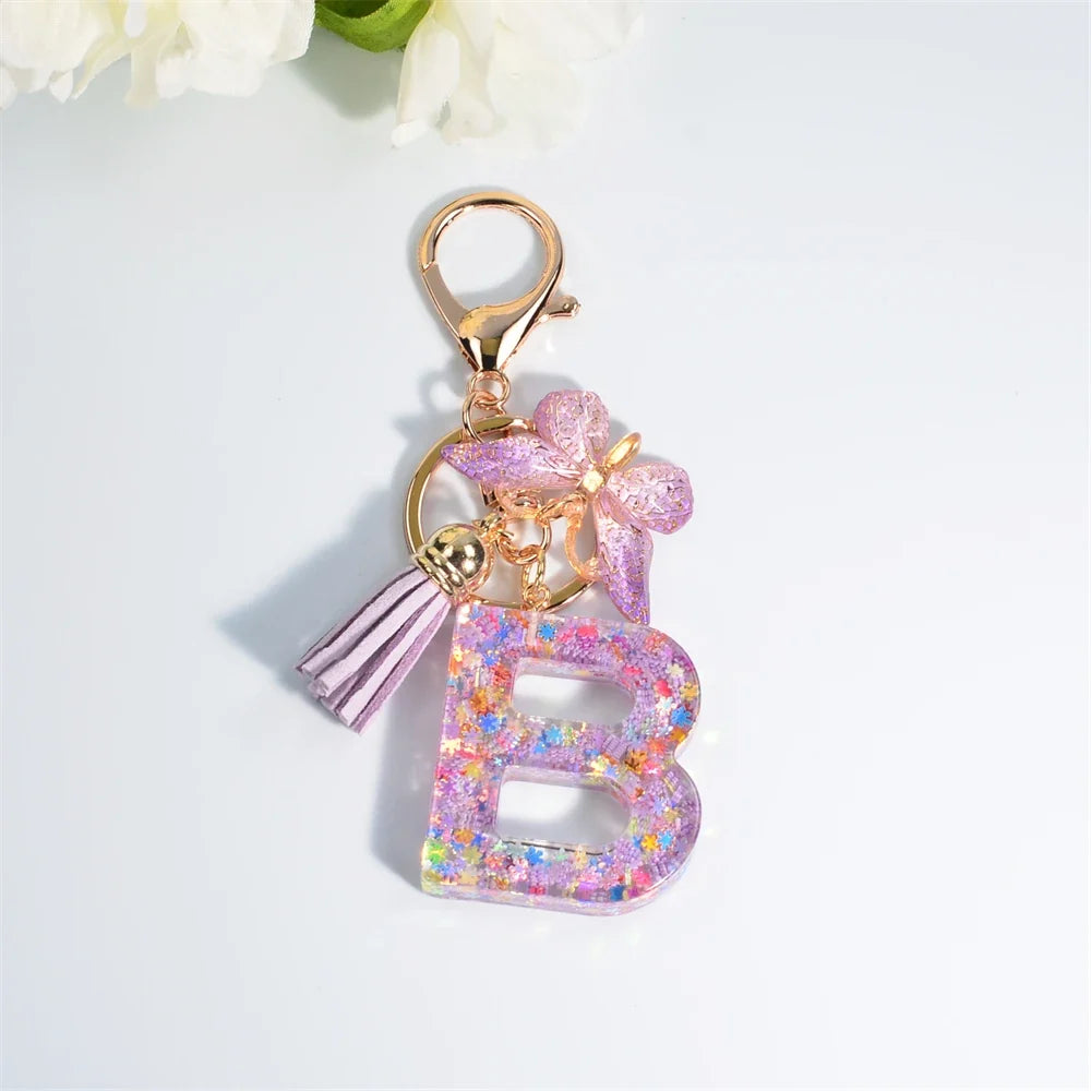 Letter Sequin Keychain With Butterfly Tassel Charm