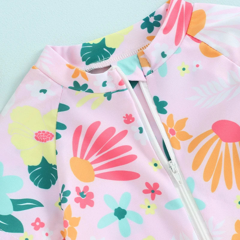 zip-front, short sleeve, floral print, polyester, for summer swimwear – Plush girls’ rash guard romper