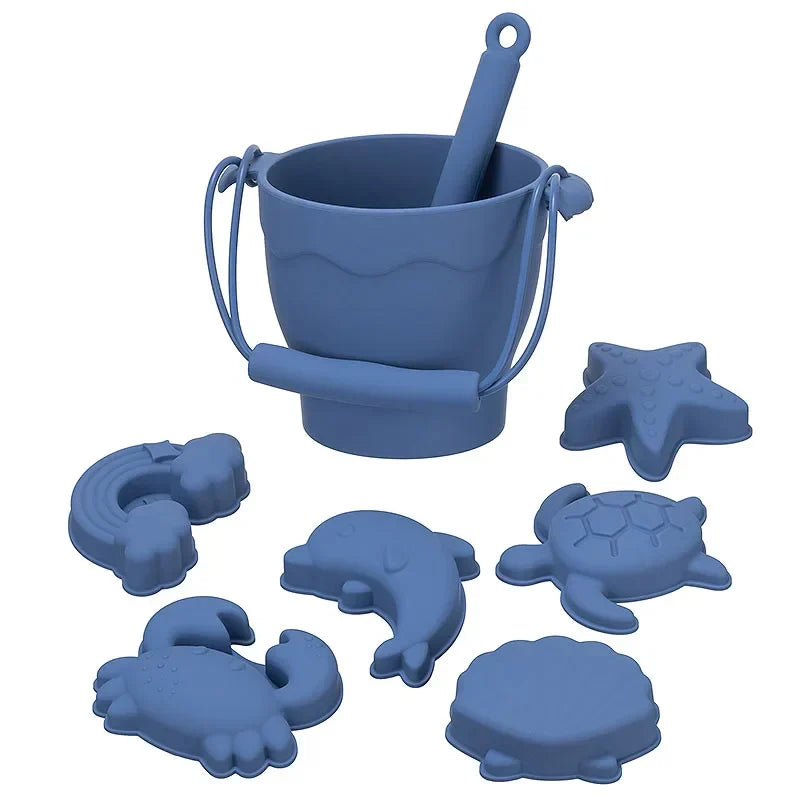 Silicone Beach Toy Kit 8Pc Bucket And Molds Kids Sand Play Summer 2025 Flexible Simple Clean Safe Gift