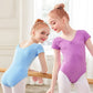 Plush girls' ballet leotard - short sleeve v-neck ruched, cotton knit, for dance practice and classic classes