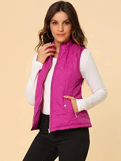 Light Women Quilted Vest - Stand Collar Cotton Winter