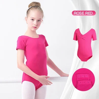 Plush girls' ballet leotard - short sleeve v-neck ruched, cotton knit, for dance practice and classic classes
