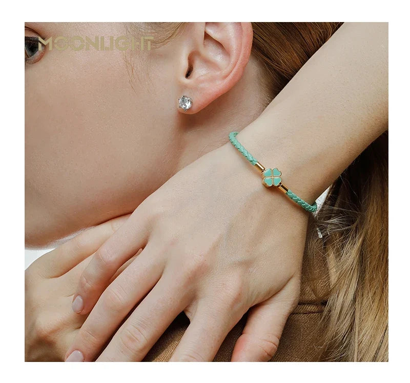 Leaf Four Clover Braided Leather Lucky Bracelet Gift