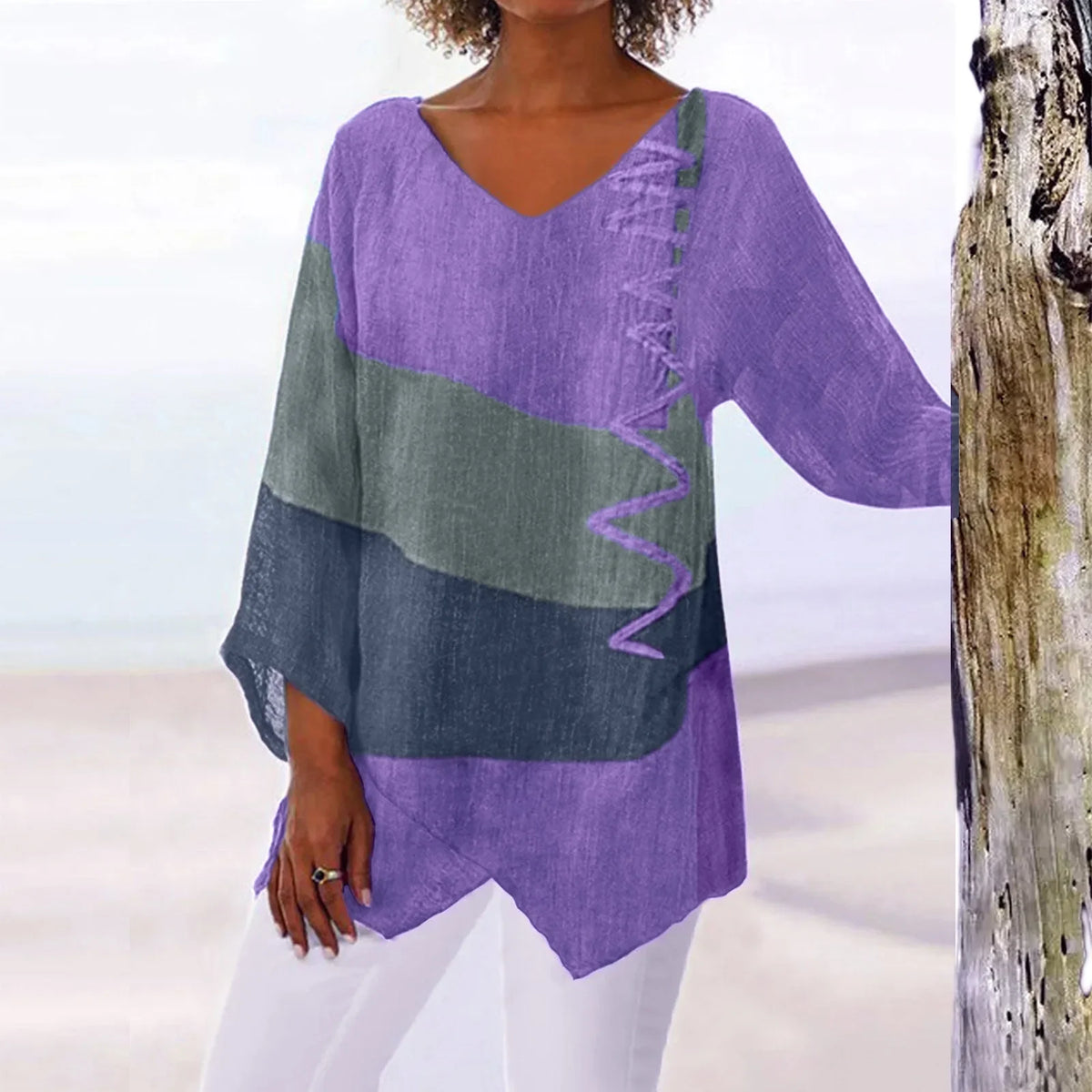 Shirt T Women New Fashion Casual V-Neck Long Sleeve Patchwork Top