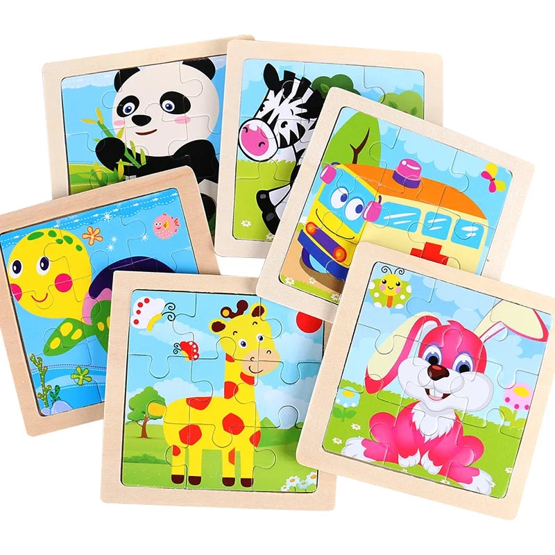 Wooden Kids Jigsaw Puzzle - Montessori Cartoon Animal Vehicle Educational Toy for Children