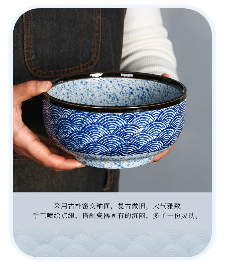 Wave Qinghai Noodle Bowl Hand Painted Vintage Ceramic Bowl