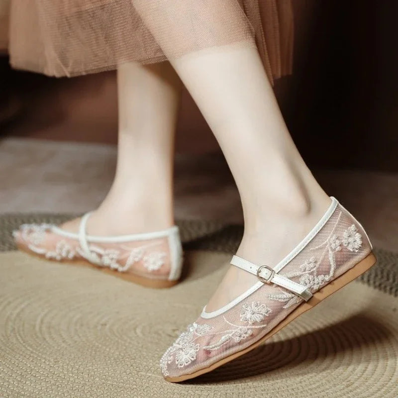 Light Women’s Ballet Flats - Mary Jane Mesh, Beaded
