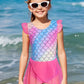 Mermaid-Scale Print, Ruffle Sleeves, Tulle, Polyester Elastane, Beach – Fast-Dry Sturdy Girls' One-Piece Swimsuit