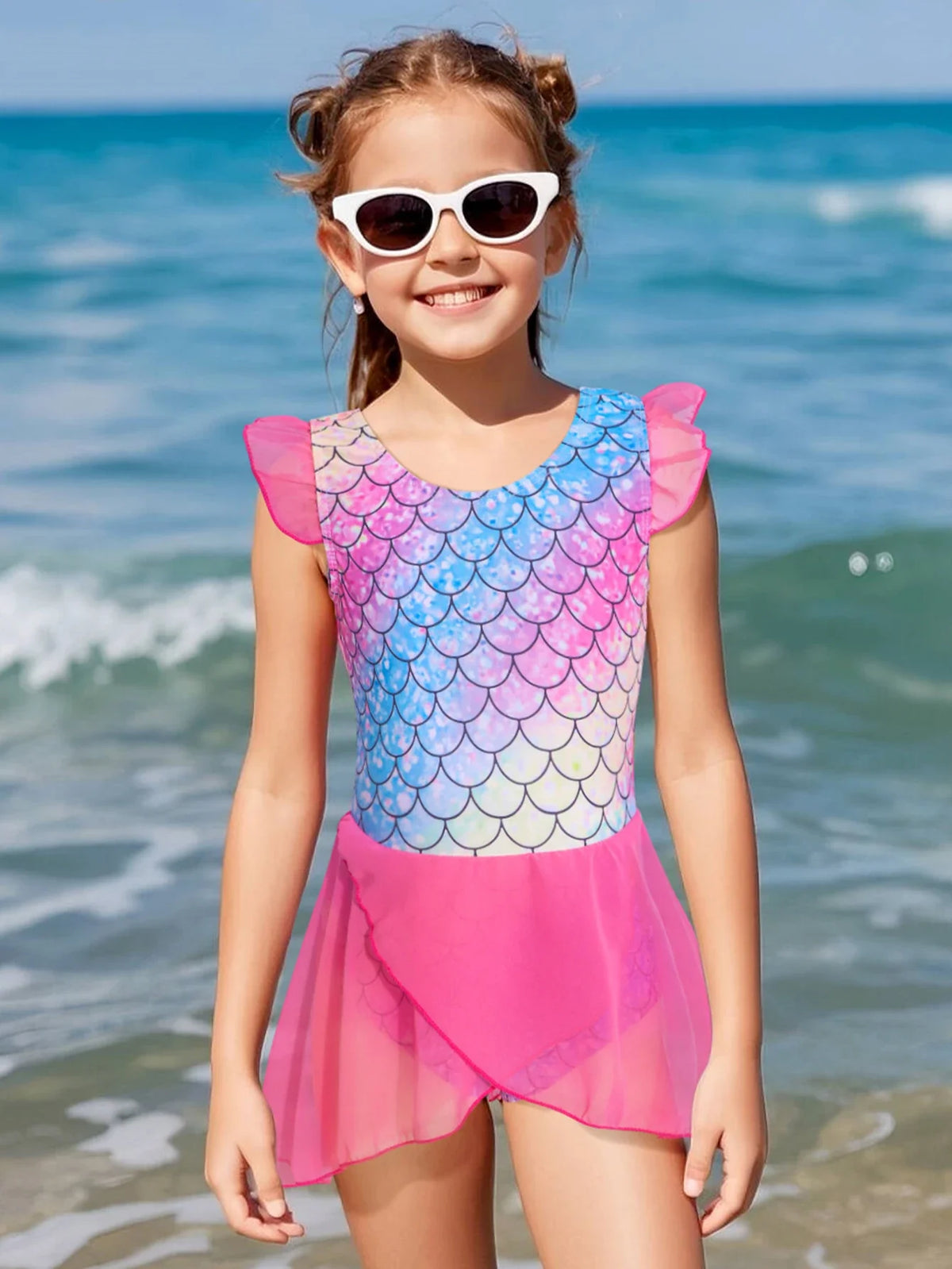 Mermaid-Scale Print, Ruffle Sleeves, Tulle, Polyester Elastane, Beach – Fast-Dry Sturdy Girls' One-Piece Swimsuit
