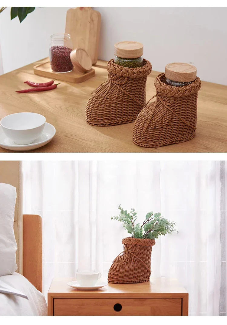 Vase Rattan Boot Shaped Imitation Woven Tabletop Christmas Decor Holiday 2025 Cute Centerpiece Gift