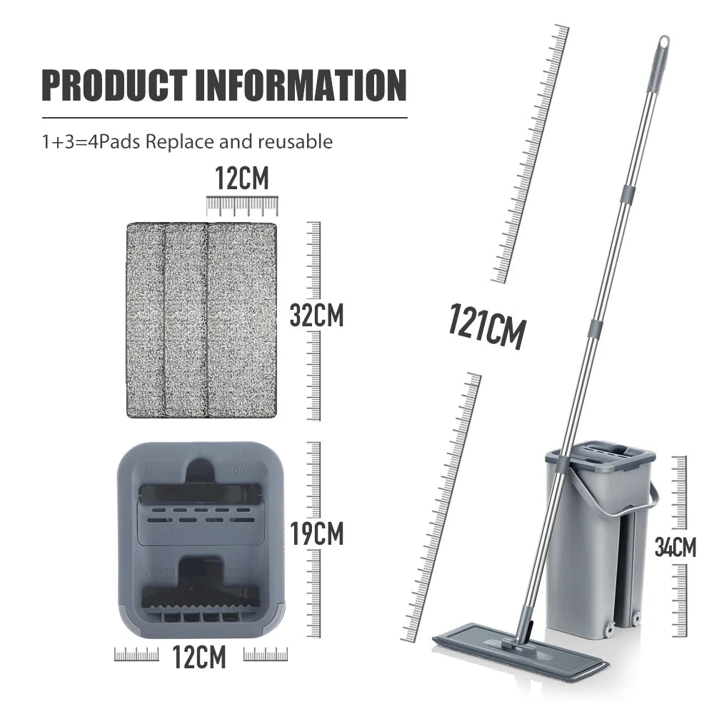 Household Cleaning Hand-Free Flat Floor Mop & Bucket Kit with Washable Microfiber 4x Pads