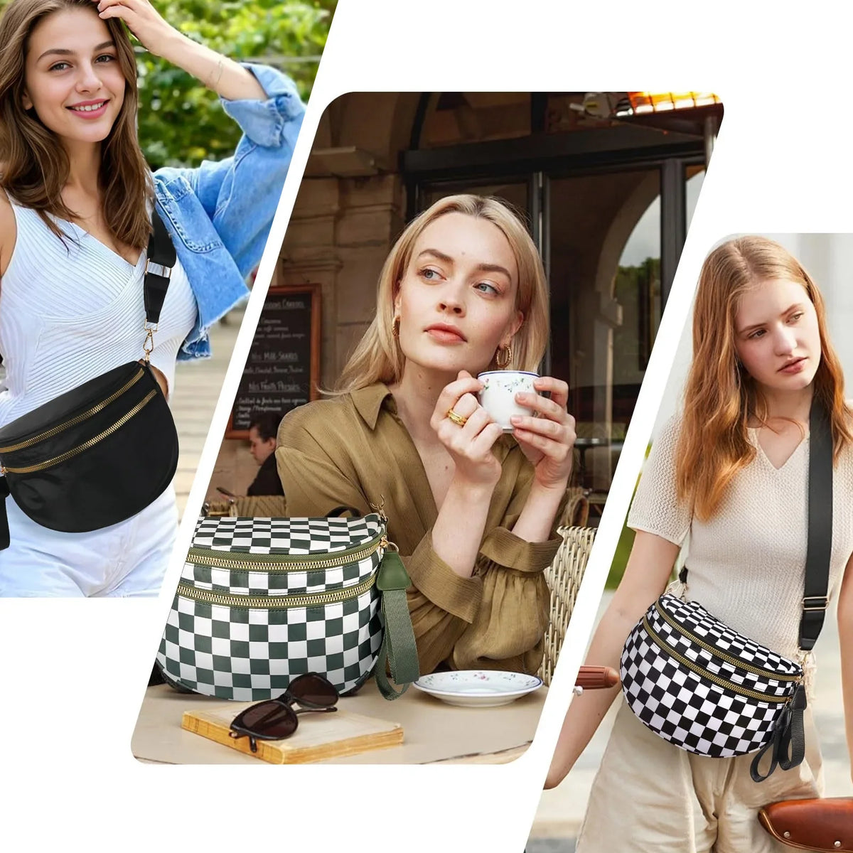 checkered nylon, box shape, travel and daily use – Multi-Use unisex crossbody bum bag
