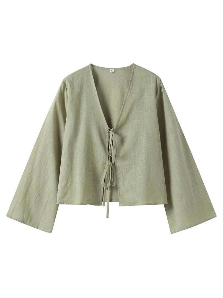 Variant image for Stylish Long Sleeve Blouse with Openwork V-Neck and Lacing, Breathable Fabric for Spring Fashion-7