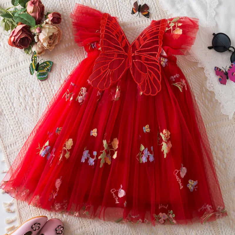 Light flowy girls' dress - knee-length tulle, floral print, polyester, for weddings