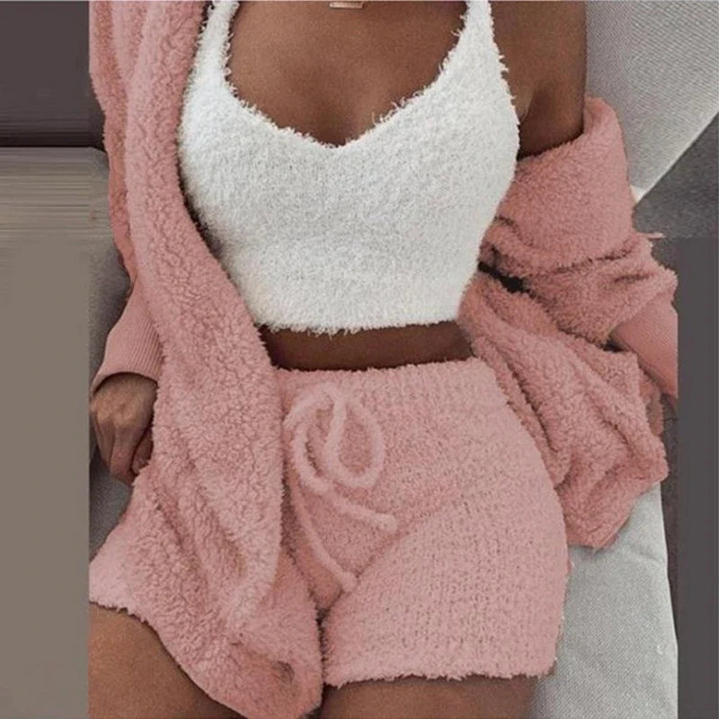 Fluffy Pajamas Kit for Women Plus Size Tank Top Shorts Winter Sleepwear