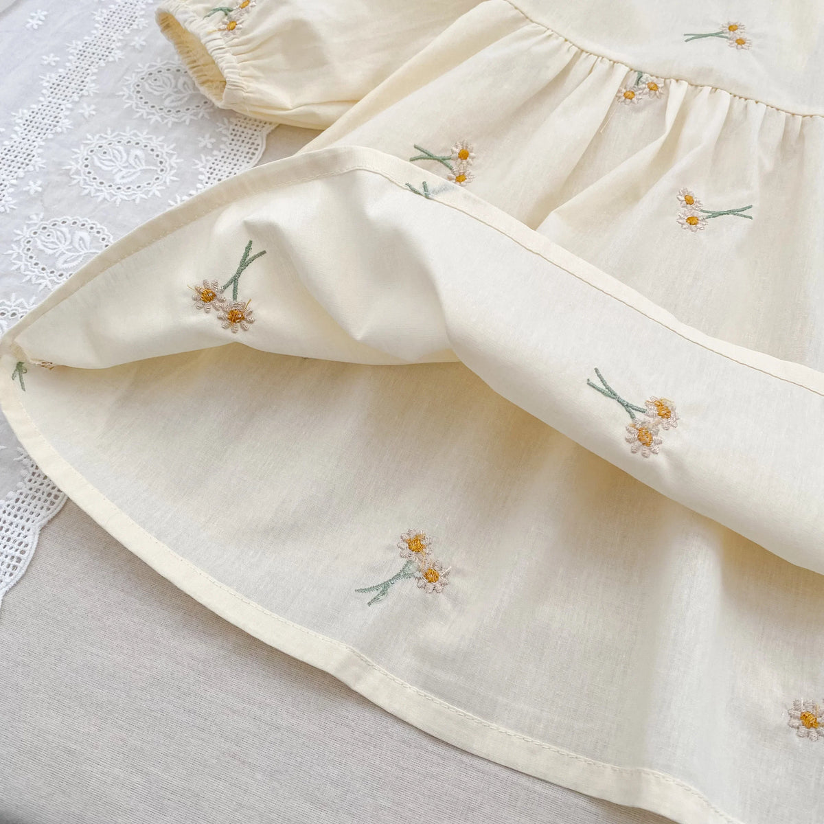Plush, classic girls' dress - embroidered floral, Peter Pan collar, puff sleeves, cotton, for spring outings