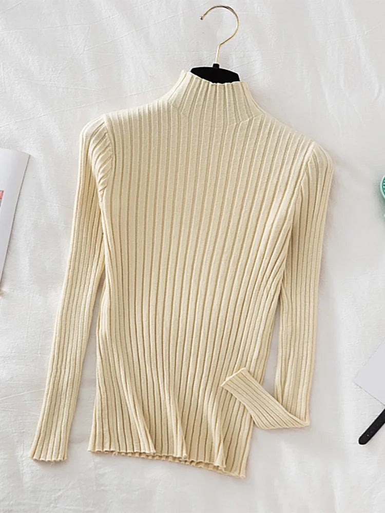 Flattering Stretchy Women Ribbed Sweater - Mock Neck, Knit