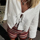 Stylish Long Sleeve Blouse with Openwork V-Neck and Lacing, Breathable Fabric for Spring Fashion-6