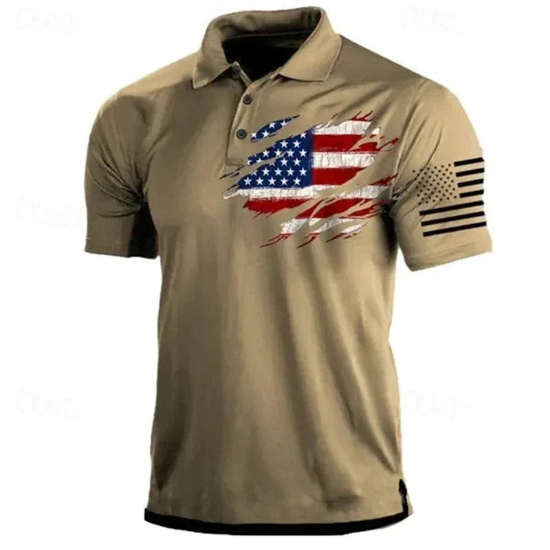 Light men's polo shirt - classic polo, 3D American flag print, casual everyday wear