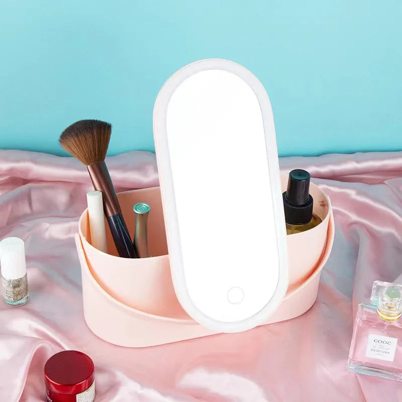 Makeup Organizer Box with LED Light Mirror - Travel-Friendly Travel Makeup Case for Cosmetics Storage