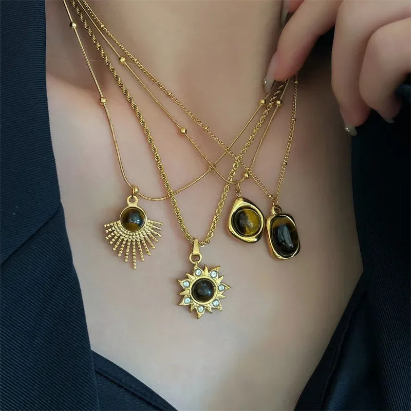 Layered2026 Edition Gold Tone Necklace Kit With Resin Stone Pendants Boho Statement Jewelry Gift Idea Fall
