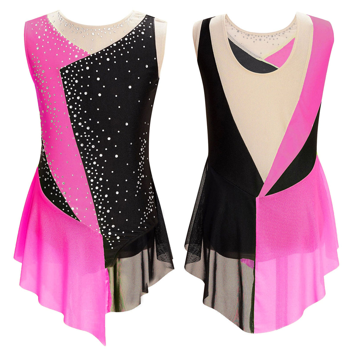 girls' Stretchy leotard - rhinestone mesh yoke, sleeveless, polyester, nylon, elastane, for lyrical dance performance