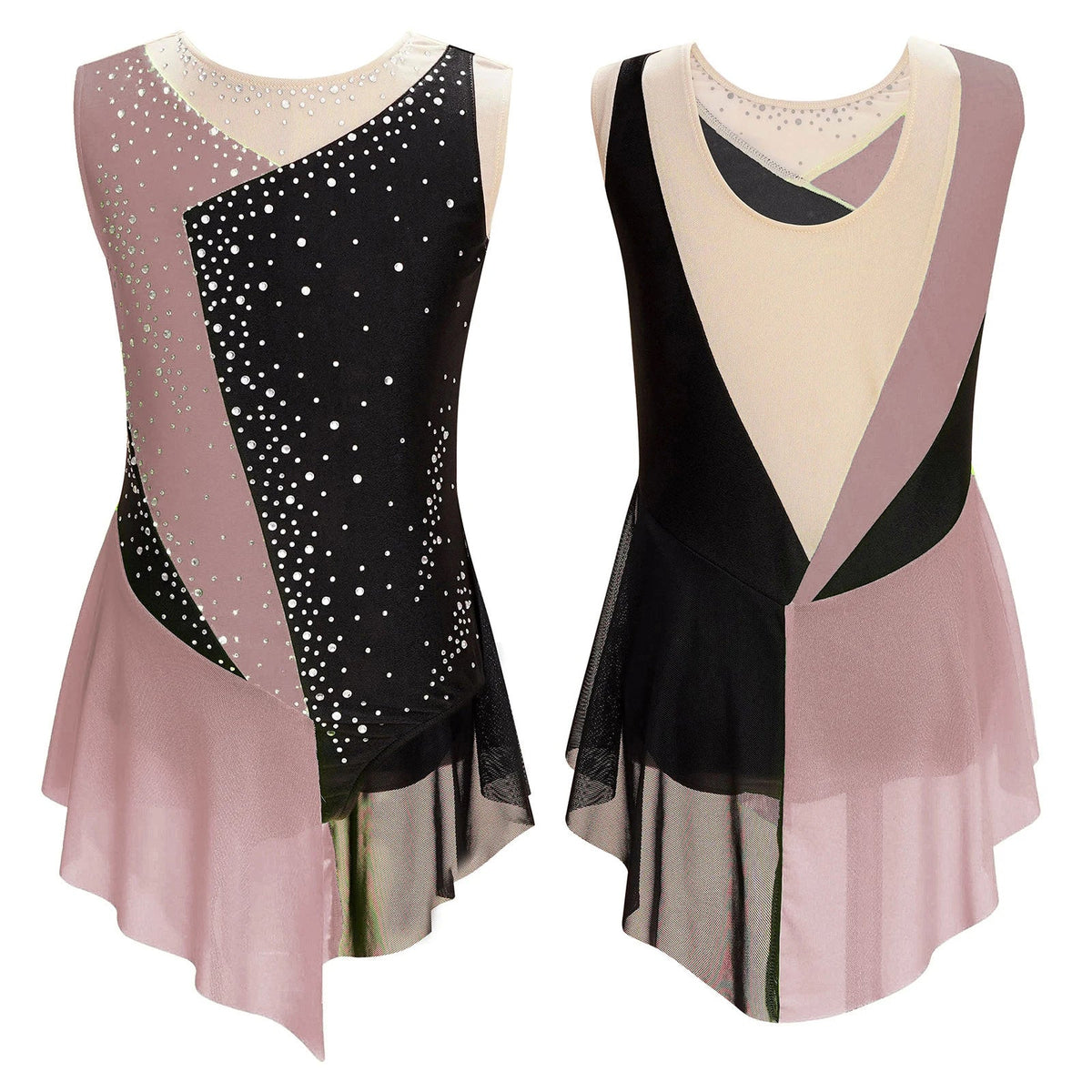 girls' Stretchy leotard - rhinestone mesh yoke, sleeveless, polyester, nylon, elastane, for lyrical dance performance