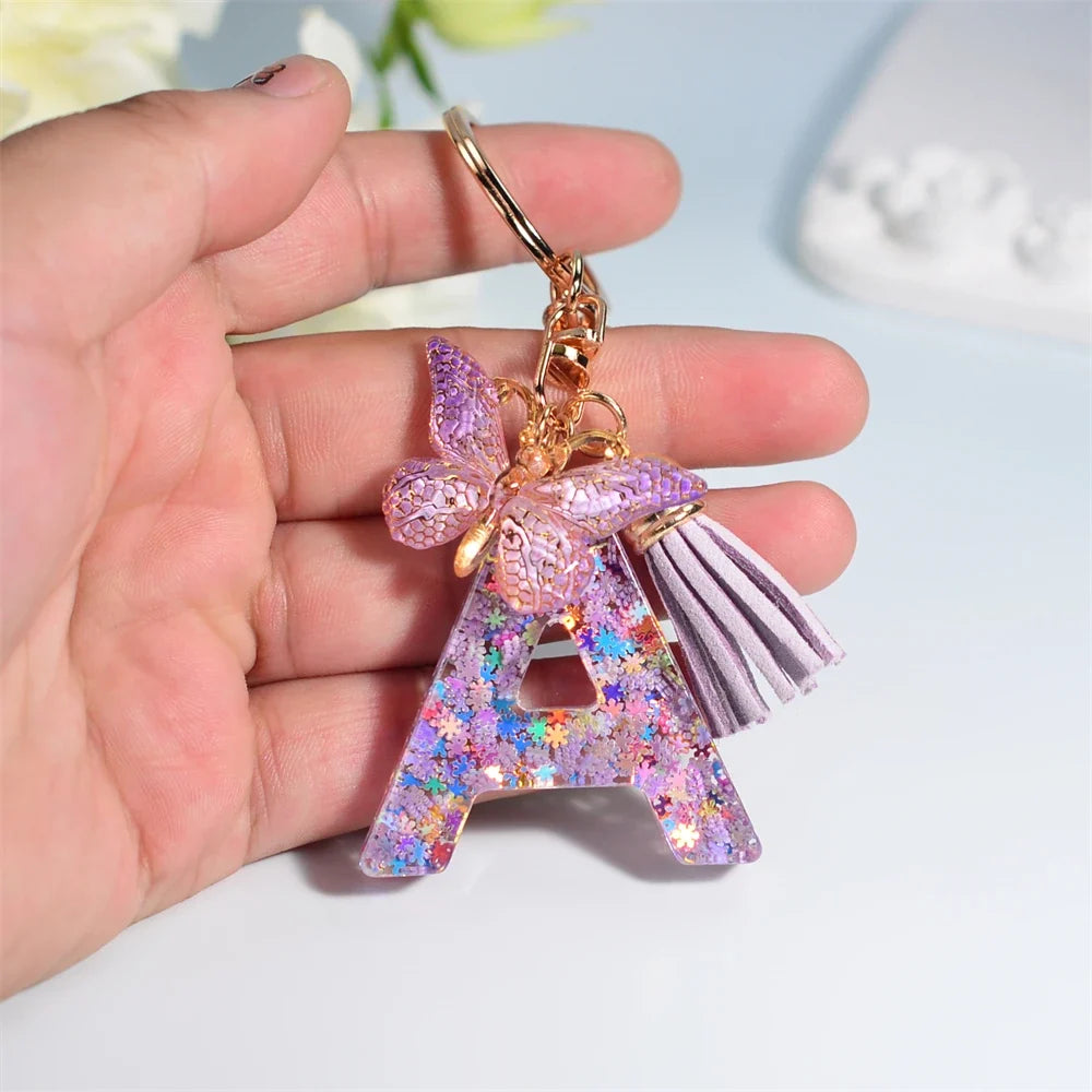 Letter Sequin Keychain With Butterfly Tassel Charm