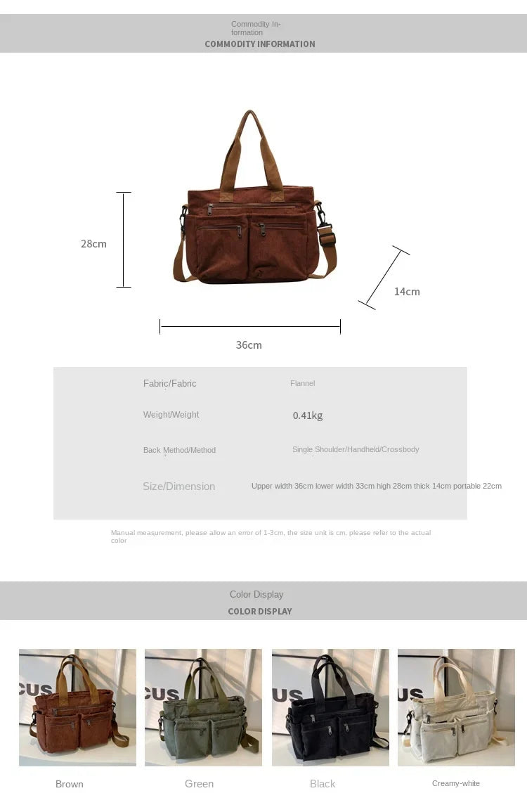 multi-pocket, casual commuter tote, oversized – Relaxed women's corduroy messenger bag