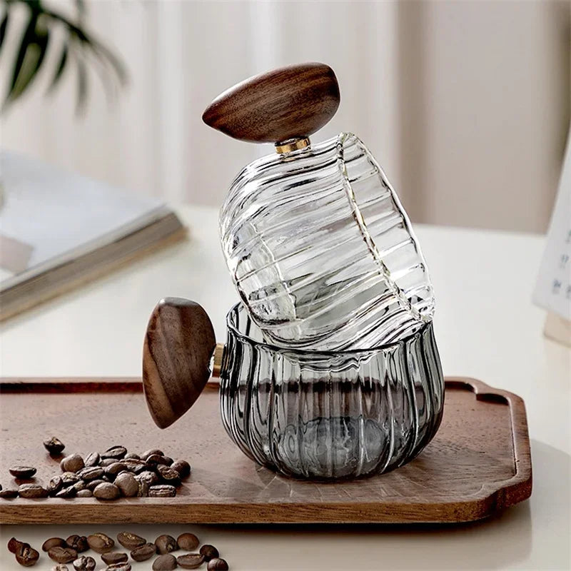 Heat-resistant Stripe Glass Coffee Mug 200ml with Wooden Handle for Latte, Milk, Tea