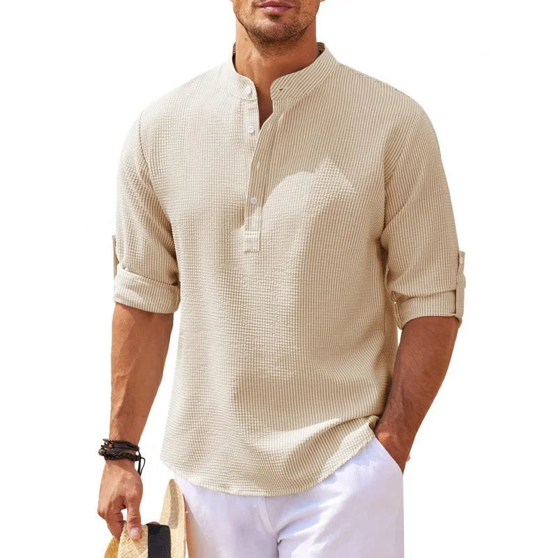 Long Men's Sleeve Stand-up Collar Pineapple Checkered Casual Shirt Top