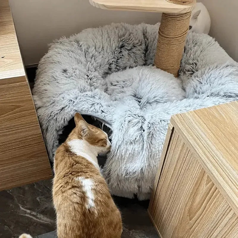Cat Plush Bed with Tunnel - Fluffy Donut Cat Bed for Indoor Cats, Cozy Multifunctional Tunnel with Peephole
