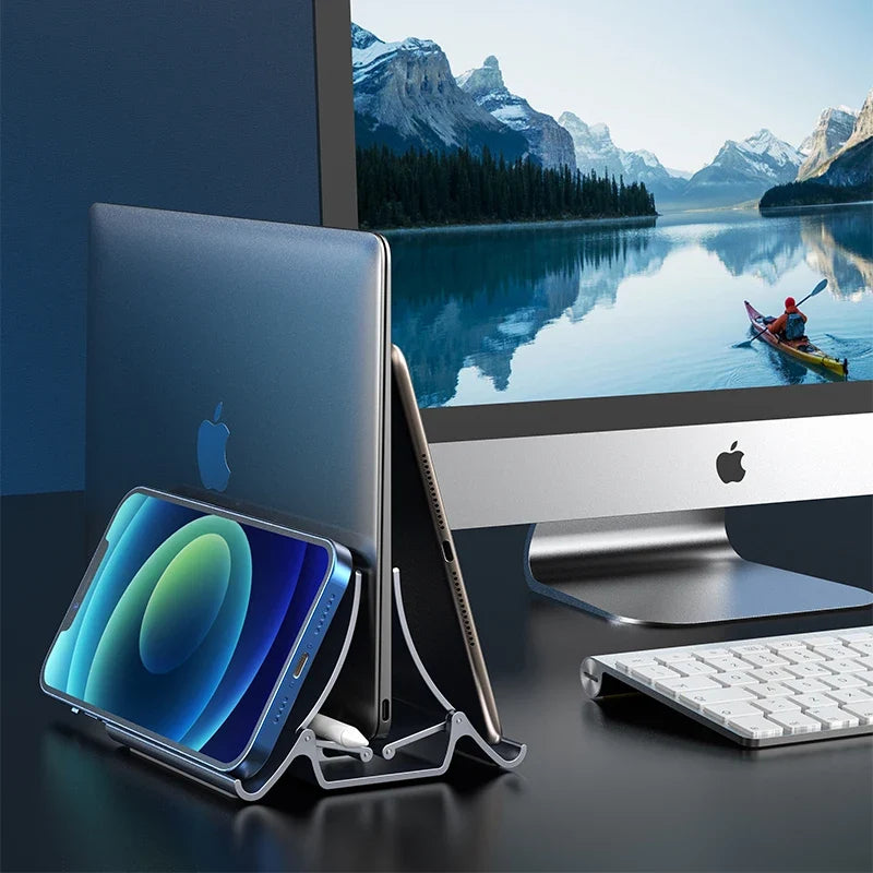 Laptop Vertical Stand with Silicone Grip - Dual Device Holder for MacBook & Tablet, Heat Dissipation,