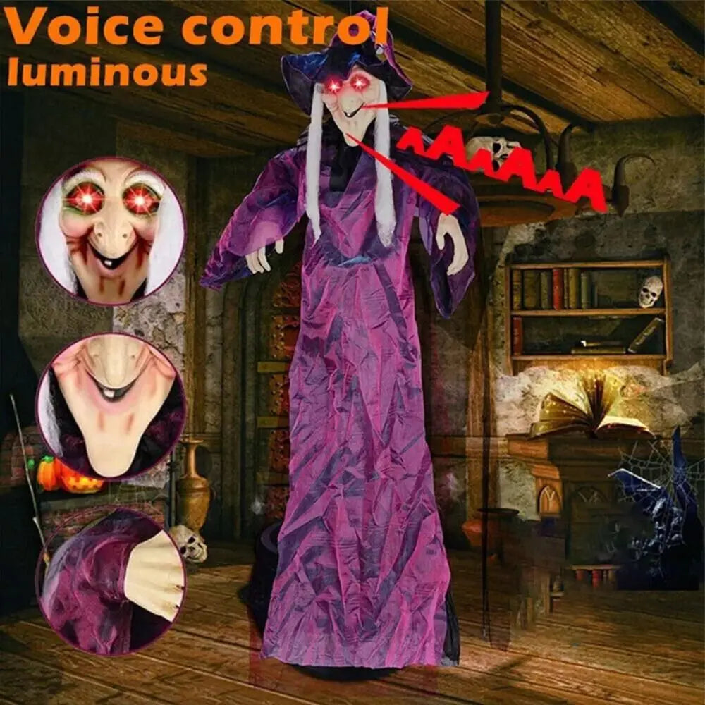 Sound-Activated Halloween Witch with Glowing Eyes and Screeching Sound for Indoor and Outdoor Decor – 6-Foot Life-Size Animated Talking Witch in Purple