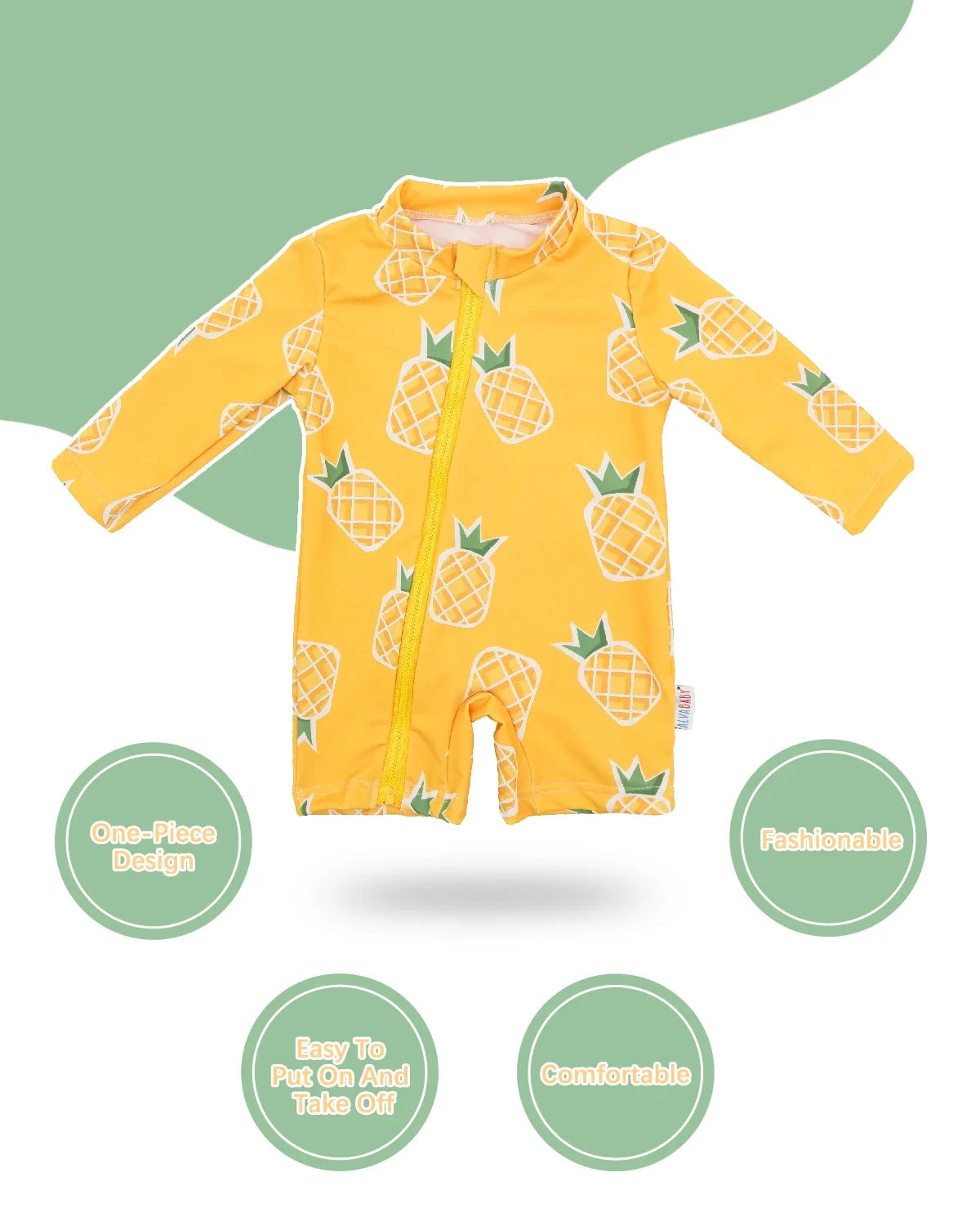 unisex Breathable long-sleeve rash guard - one-piece swimsuit, UPF 50+, pineapple print, for babies and toddlers