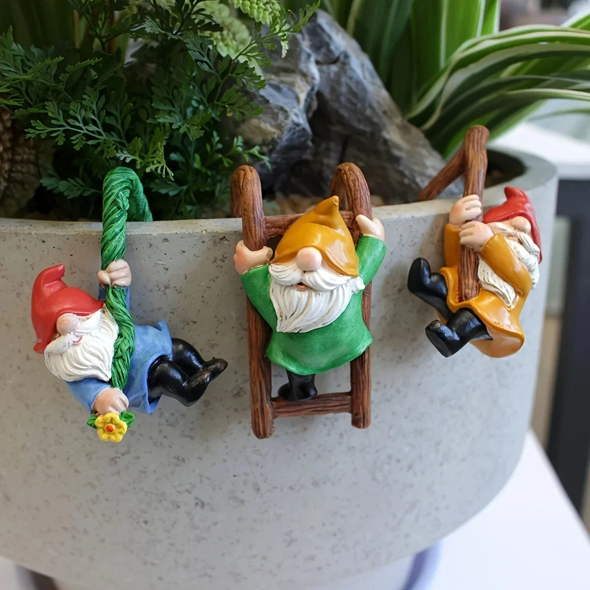 Garden Gnome Ornaments Kit - 3pc Hanging Resin Dwarf Figurines For Mini Garden Micro Landscape Decor Outdoor Spring
