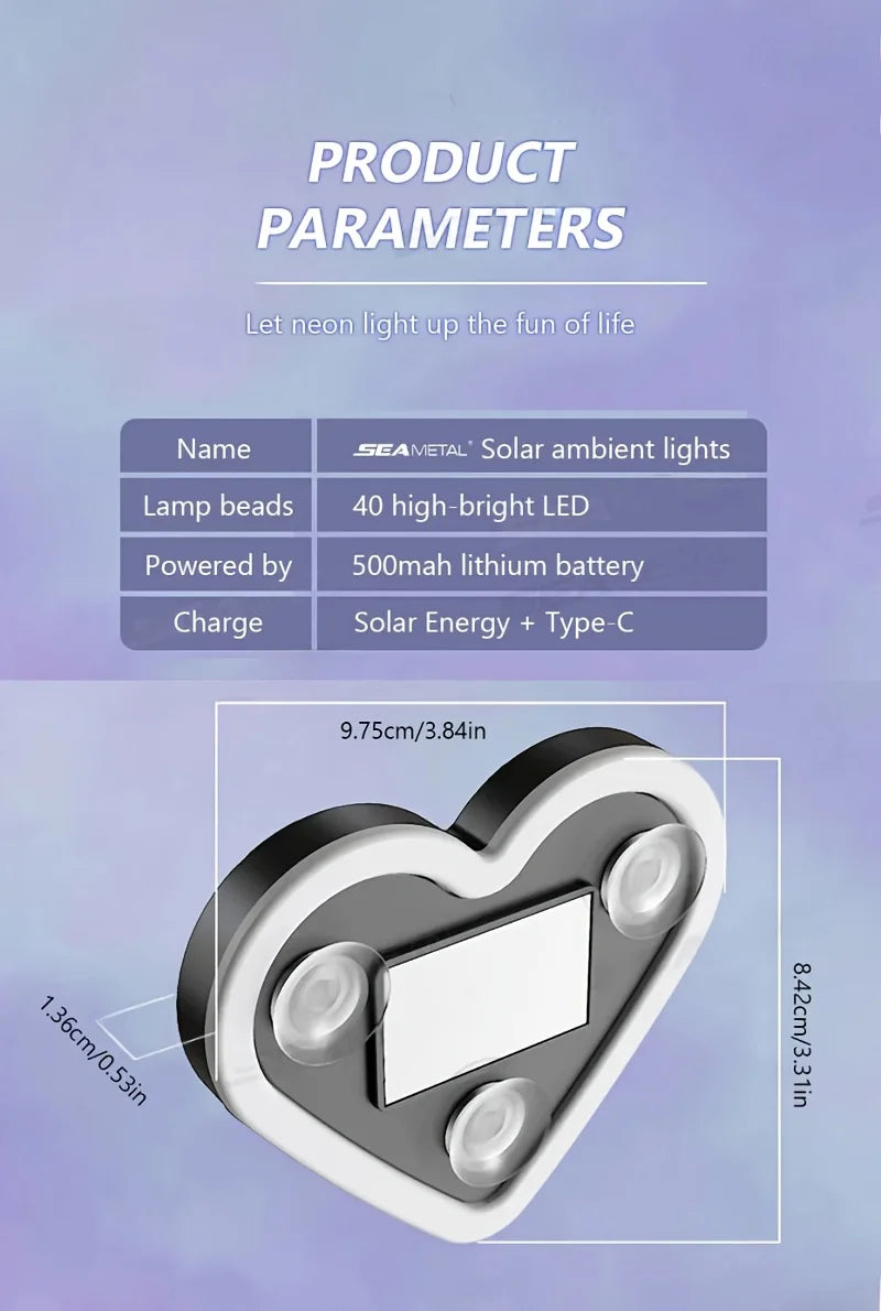 Window Car Neon Light Heart Shaped LED Interior Lamp TikTok Viral Fall 2026 Solar Powered Wiring Free