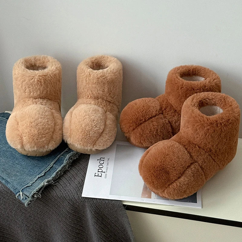 Plush cozy women's slippers - cat-paw design, long-pile plush faux fur, indoor use