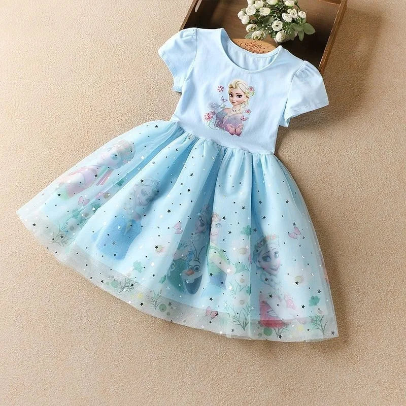 Light Girls' Dress - Short Sleeve, Knee-Length, Flowy, Cotton, Mesh, For Parties