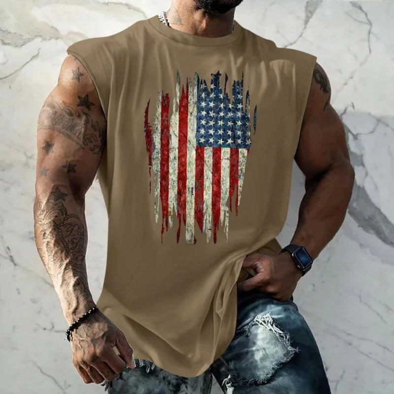 Men's Breathable Tank Top - Round-Neck, Sleeveless, 3D-Printed American Flag Heart Graphic, Casual Summer Wear