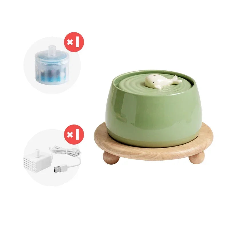 Water Cat Fountain 1300ml Ceramic USB Charging Pet Fountain With Filter And Wooden Stand Fall 2025 Continuous Hydration