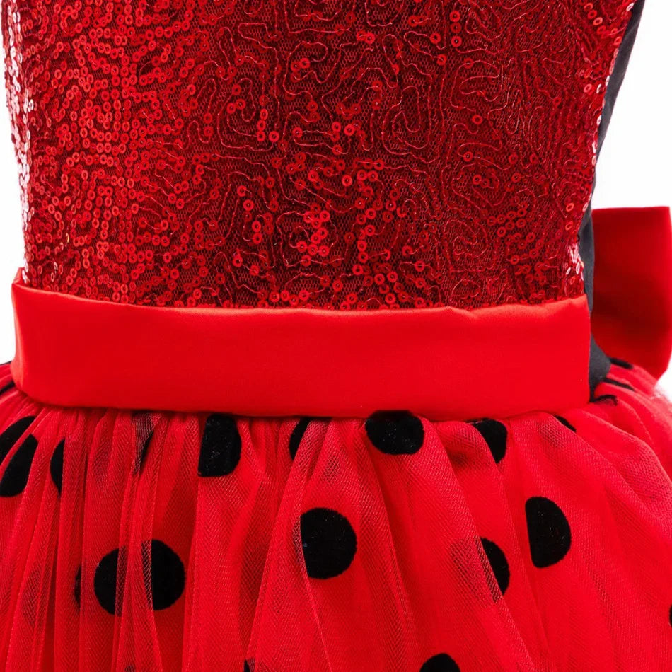 Light girls' Ladybug cosplay costume - sequin bodice with knee-length tulle skirt, polyester, for Halloween