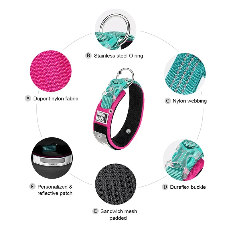 Dog Collar Reflective Personalized Padded Collar Large Dogs Night Walk Fall 2025 Breathable Fast Release Safety