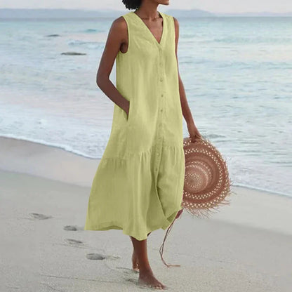 Loose Summer Casual Patchwork Cotton Linen Dress - V Neck Beach Style Midi for Women