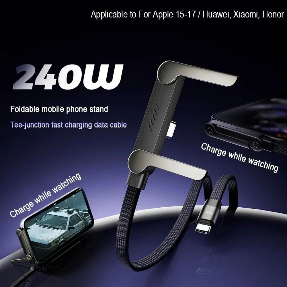 Fast USB-C Charging Cable - Elbow Design, 240W, Type-C To Type-C, Foldable Phone Stand, Back To School 2026 Gift