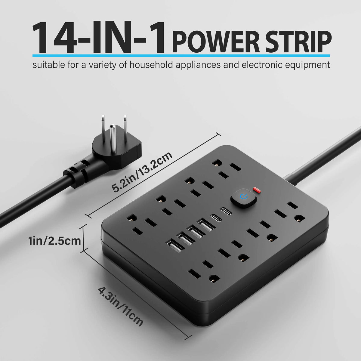 Power 14-in-1 Outlet Surge Protector, 8 AC & 4 USB, Extension Cord for Desktop Charging
