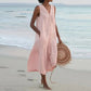 Loose Summer Casual Patchwork Cotton Linen Dress - V Neck Beach Style Midi for Women