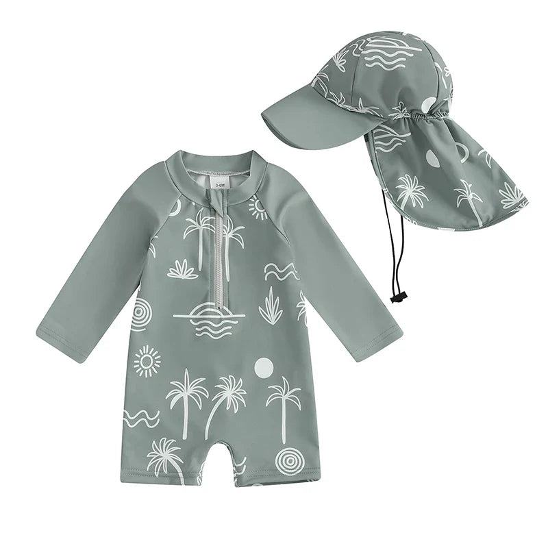Light Toddler Boys Rash Guard Swimsuit - Long Sleeve, Turtle Print, Polyester, Beachwear