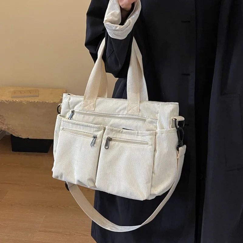 multi-pocket, casual commuter tote, oversized – Relaxed women's corduroy messenger bag