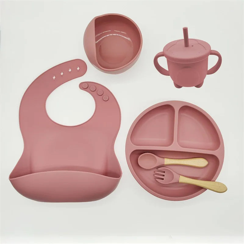 Baby Silicone Tableware Kit 8 Piece Suction Bowls Divided Plate Bib Spoon Fork Fall 2025 Self Feeding Aid